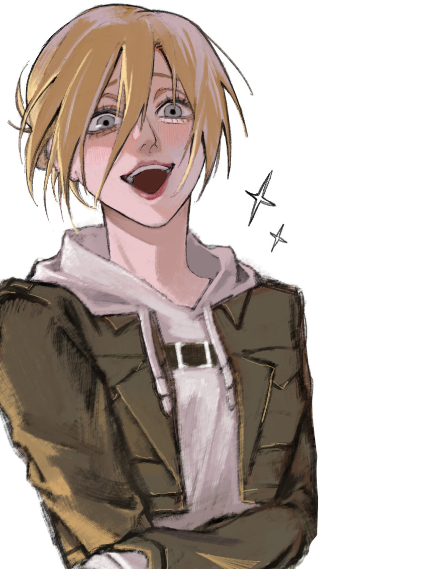 1girl, annie_leonhart, blonde_hair, breasts, brown_jacket, crossed_arms, green_eyes, hair_between_eyes
