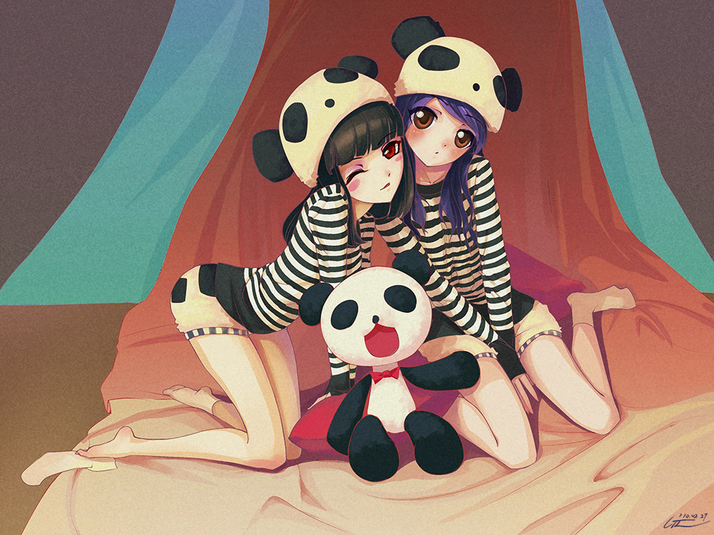 bangs, barefoot, black_hair, blunt_bangs, blush_stickers, brown_eyes, hat, hat_with_ears