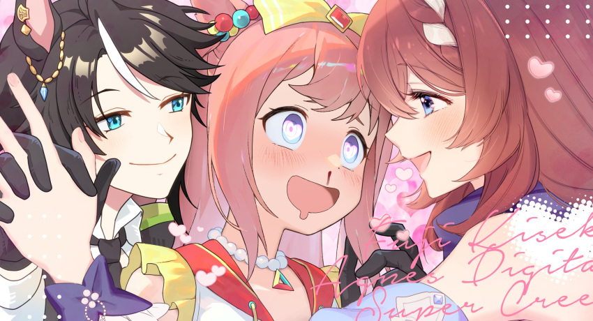 3girls, agnes_digital_(umamusume), animal_ears, black_gloves, black_hair, blood, blue_eyes, blush