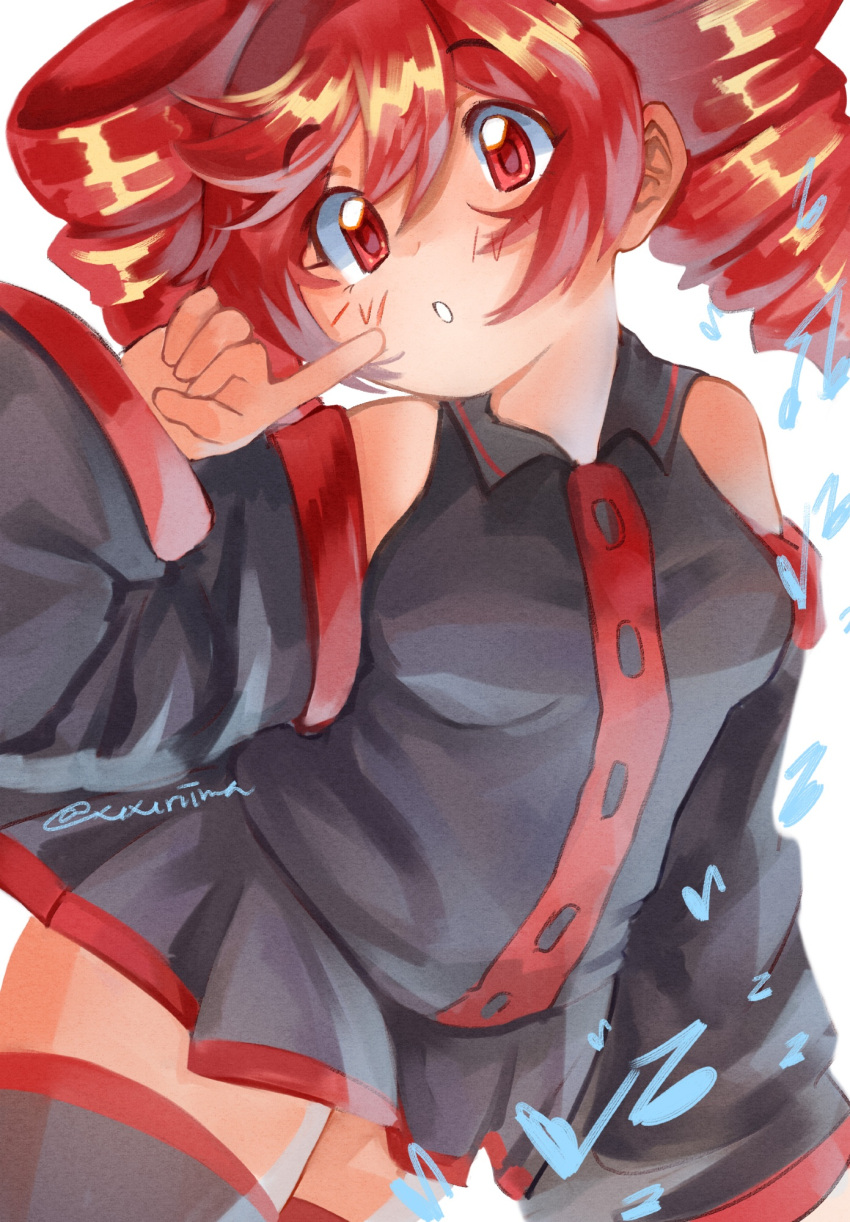 1girl, :o, arm_up, black_shirt, black_skirt, black_thighhighs, detached_sleeves, drill_hair