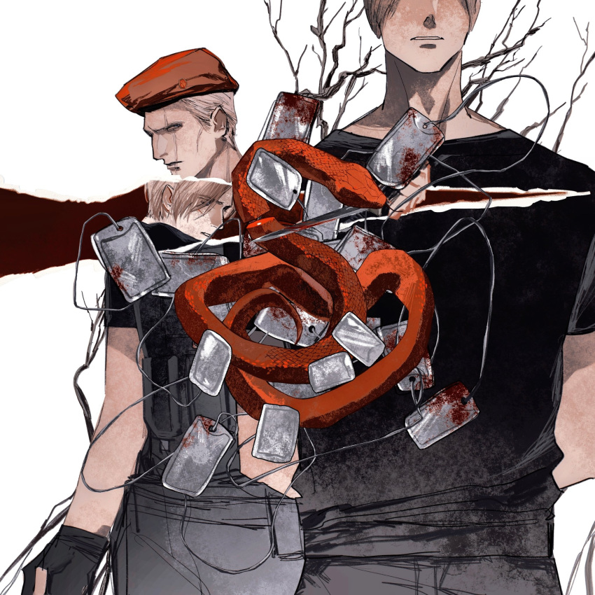 2boys, beret, black_gloves, black_pants, black_shirt, blonde_hair, blood, commentary