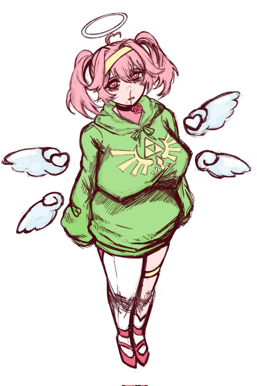 1girl, ahoge, angel, ashliel_ailove, asymmetrical_legwear, bags_under_eyes, blood, breasts