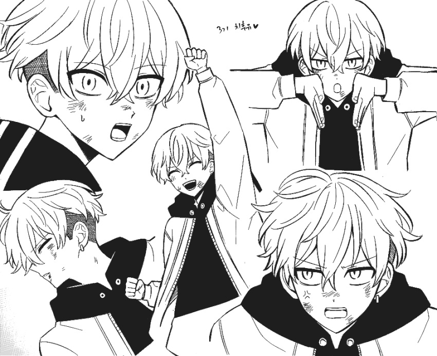 1boy, anger_vein, earrings, greyscale, hair_between_eyes, highres, hood, hoodie