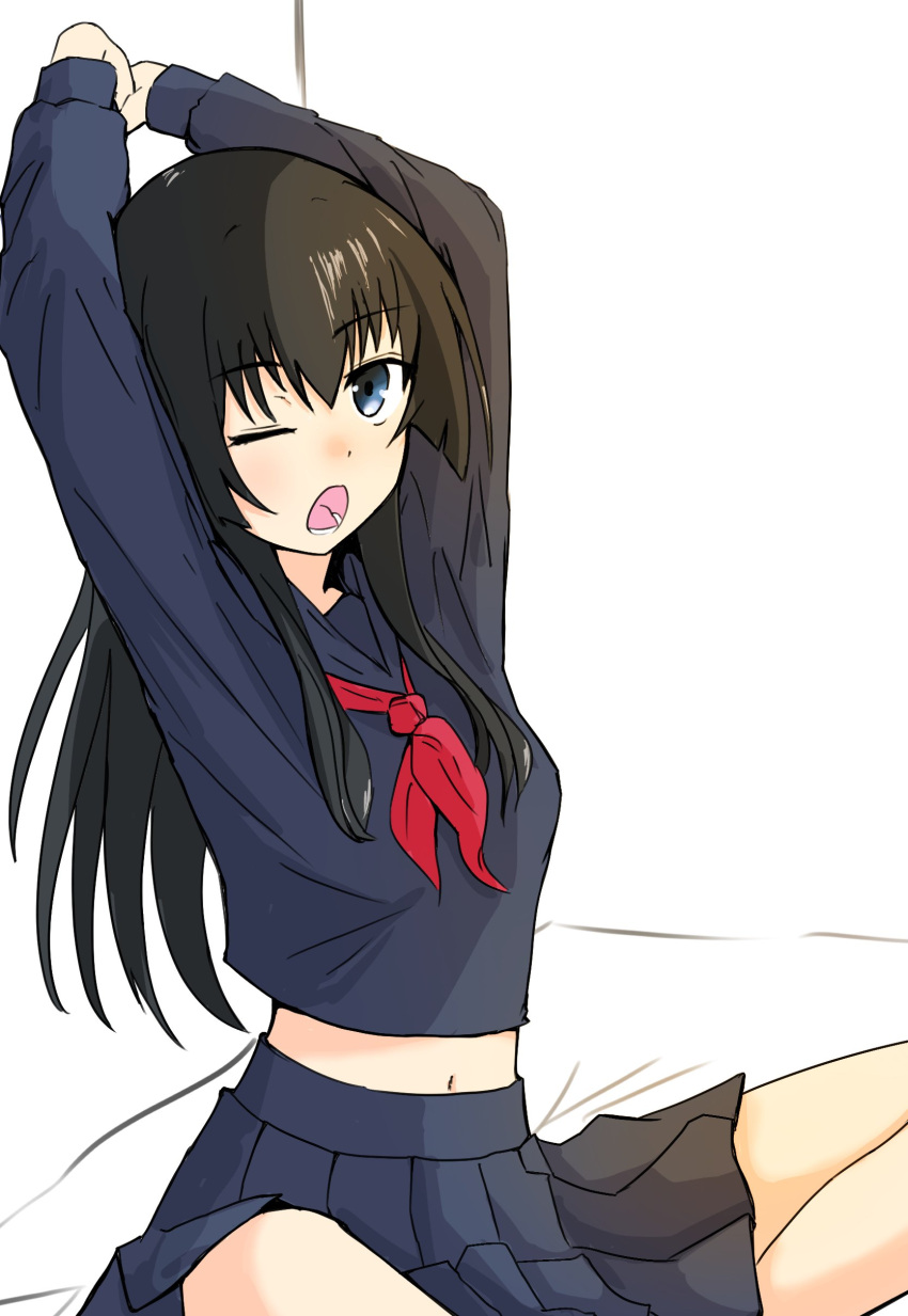 1girl, absurdres, black_hair, blue_eyes, highres, long_hair, looking_at_viewer, neckerchief, one_eye_closed, open_mouth, red_neckerchief, sakugawa_school_uniform, saten_ruiko, school_uniform, serafuku, skirt, solo, toaru_kagaku_no_railgun, toaru_majutsu_no_index, yorishiro_la