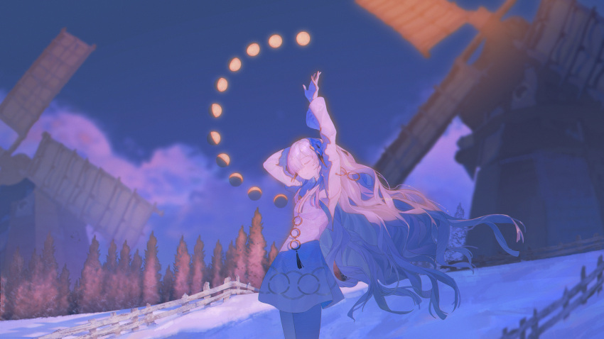1girl, absurdres, arms_up, closed_eyes, clouds, commentary_request, dress, floating_hair, grey_hair, hair_over_one_eye, highres, isekaijoucho, kamitsubaki_studio, long_hair, moon_phases, outdoors, pantyhose, sky, snow, solo, tokiyzy, tree, twilight, very_long_hair, white_pantyhose, wind, windmill