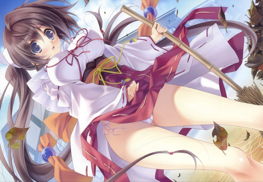 :o, artist_request, bamboo_broom, blue_eyes, blush, breasts, broom, brown_hair