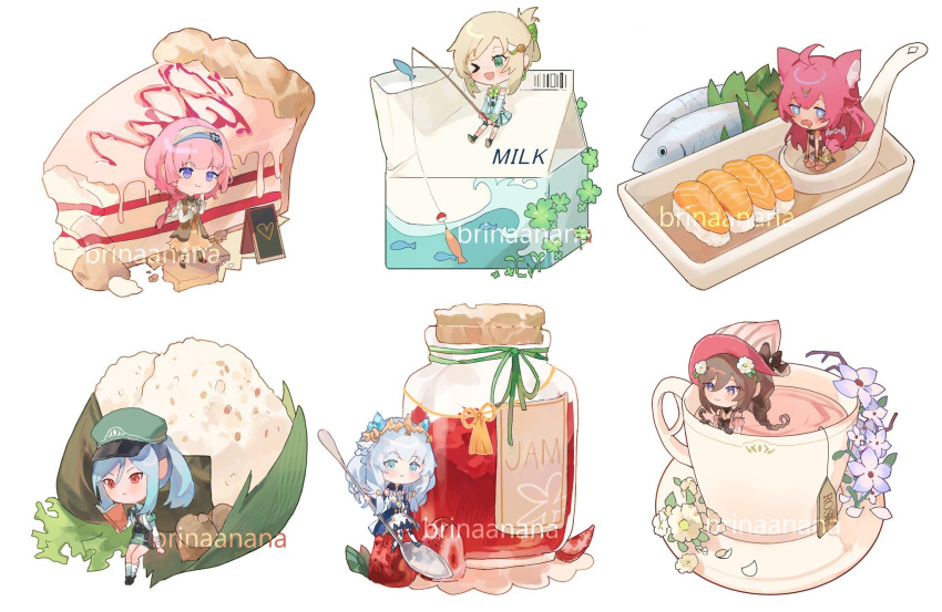 6+girls, beatrice_(rune_factory), blonde_hair, blue_hair, brinaa_sama, cake, cup, drink_carton