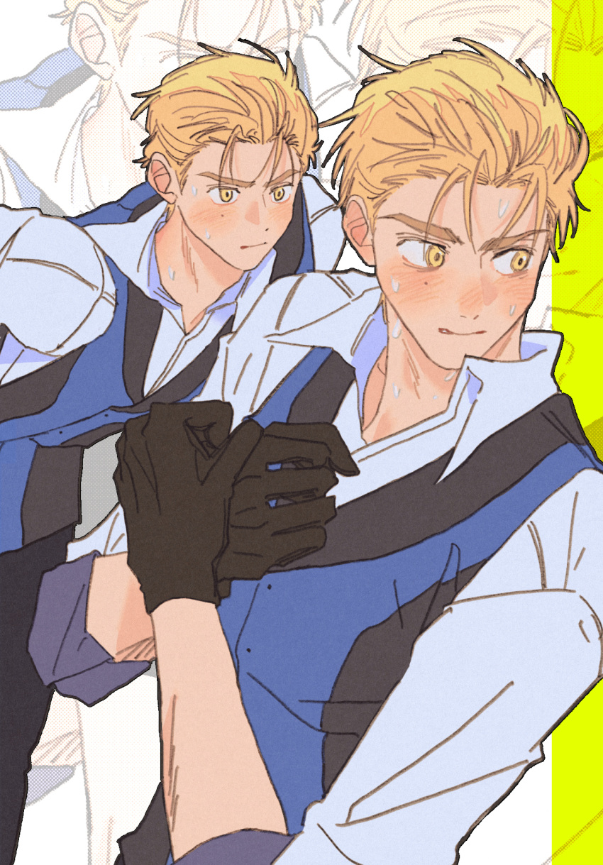 1boy, akeuraji_tsukasa, black_gloves, blonde_hair, blush, day_(dfe7ff), gloves, highres