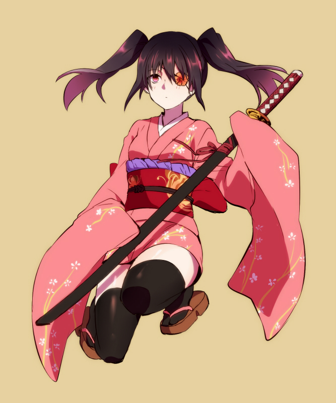 0apple00, 1girl, black_hair, black_thighhighs, closed_mouth, expressionless, eyepatch, floral_print