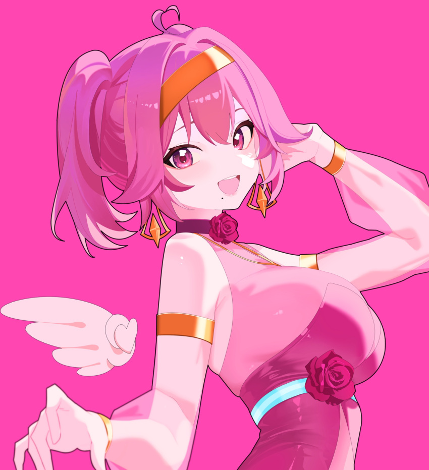 1girl, ahoge, angel, armband, ashliel_ailove, blue_sash, bodysuit, bow