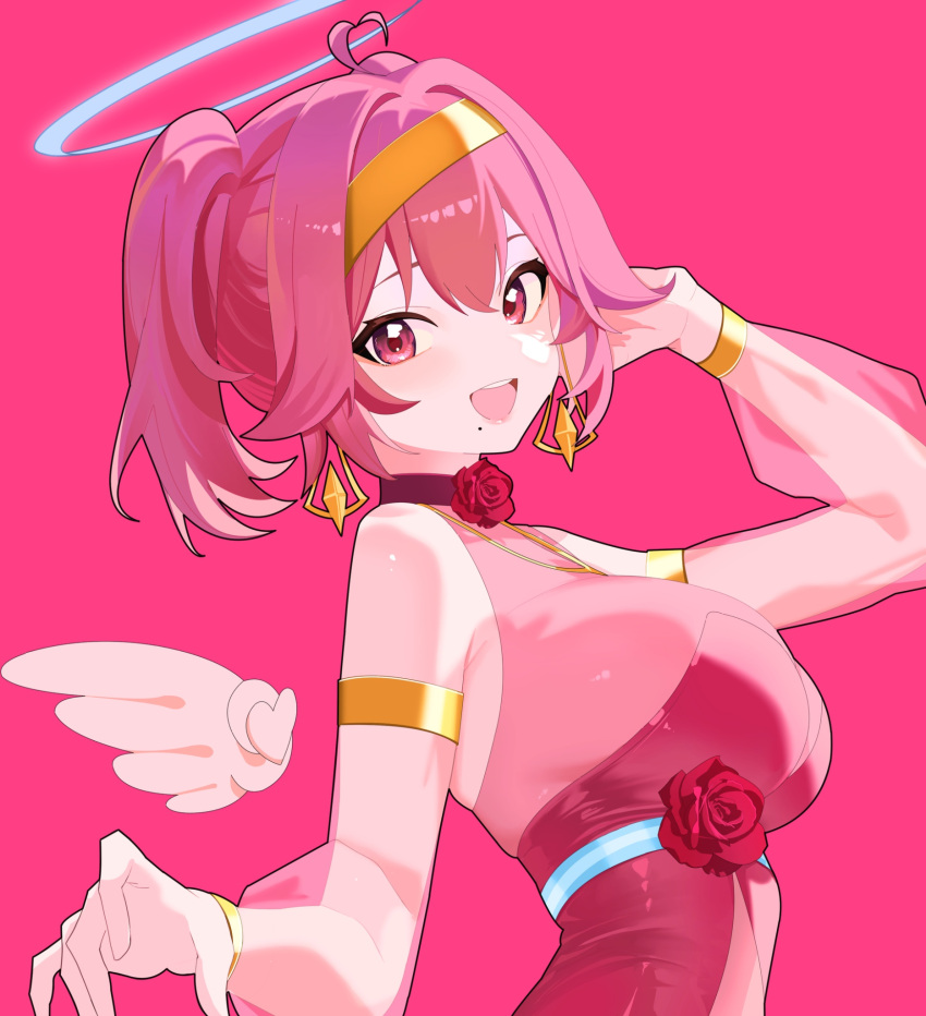 1girl, ahoge, angel, armband, ashliel_ailove, blue_sash, bodysuit, bow