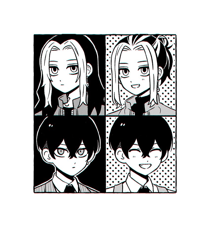 2boys, collared_shirt, earrings, greyscale, grin, hair_between_eyes, hair_bun, hanemiya_kazutora