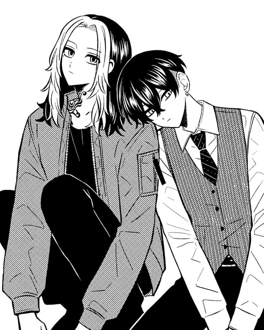 2boys, collared_shirt, earrings, greyscale, hair_between_eyes, hanemiya_kazutora, highres, jewelry