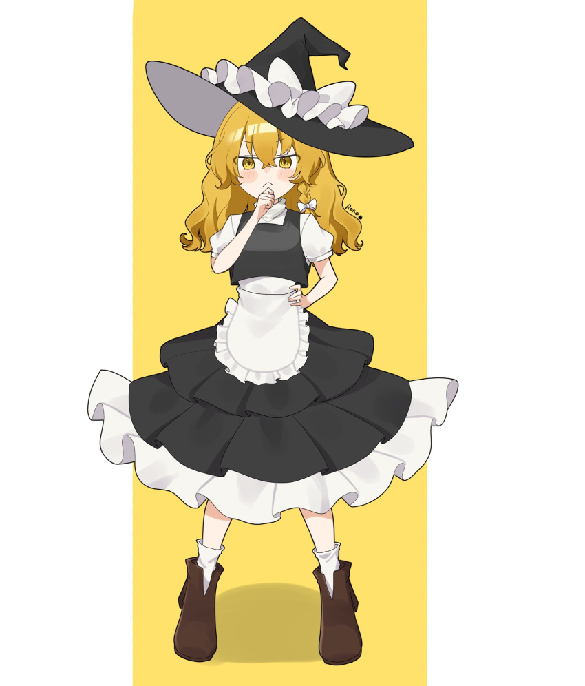 1girl, apron, black_skirt, black_vest, blonde_hair, blush, boots, bow