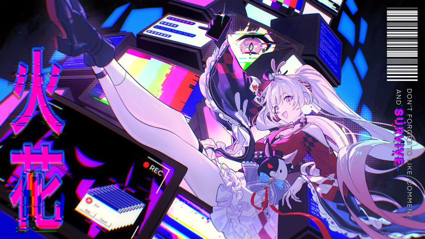 1girl, butterfly-shaped_pupils, clothing_cutout, commentary, crt, diamond_(shape), diamond_facial_mark, diamond_on_cheek