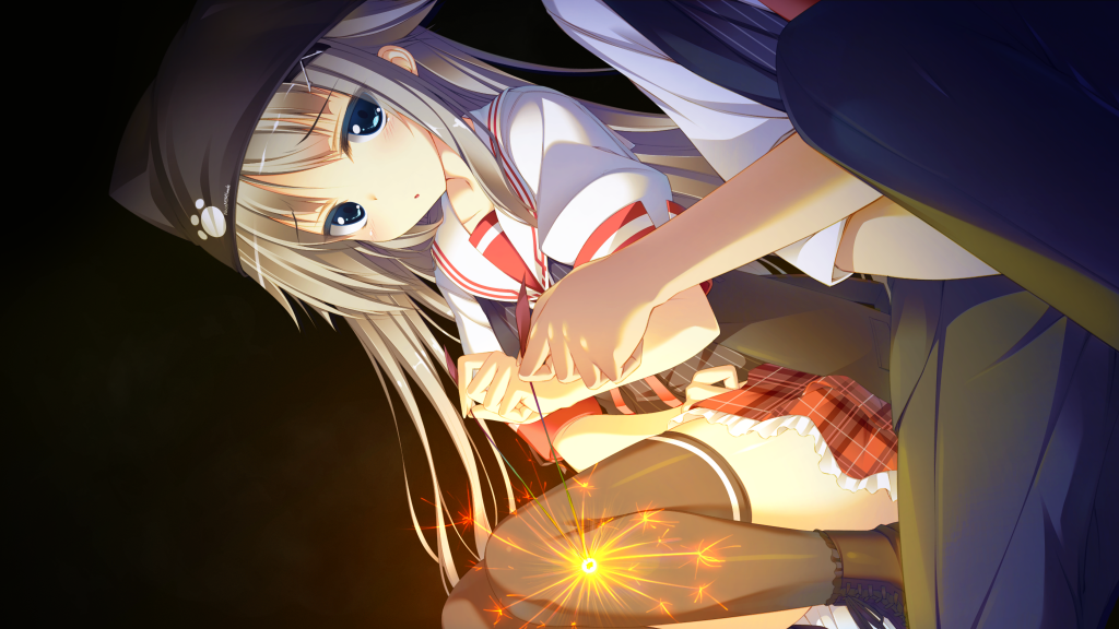 aqua_eyes, black_legwear, blonde_hair, fireworks, game_cg, hat, inufue_nayu, long_hair