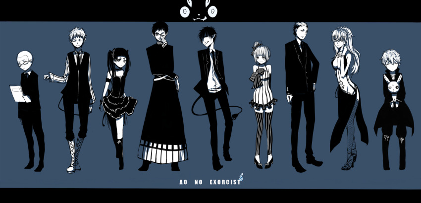 adjusting_glasses, alternate_costume, alternate_hairstyle, ao_no_exorcist, blacky, book, boots, closed_eyes