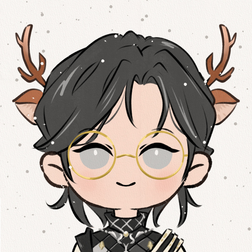 1girl, 1other, anabellnordin, animal_ears, antlers, black_hair, chibi, commentary
