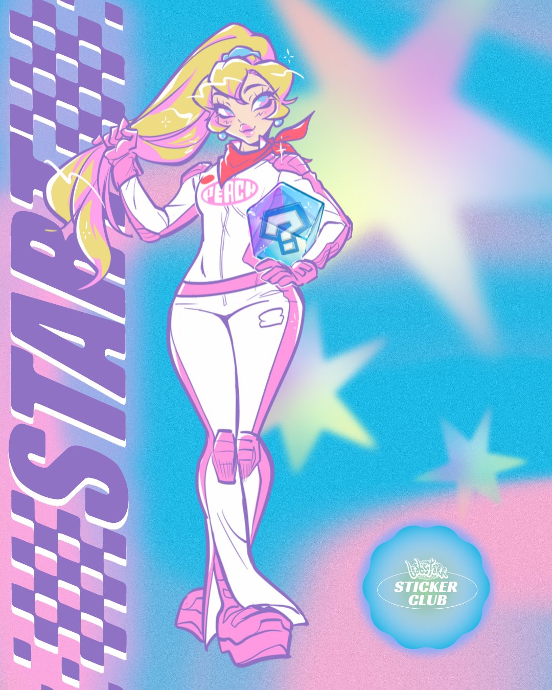 1girl, babs_tarr, biker_peach, blonde_hair, blue_eyes, blurry, blurry_background, bodysuit