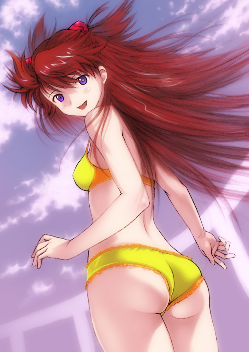 :d, ass, bikini, blue_eyes, blush_stickers, cloud, from_behind, hair_ornament, highres, kobayashi_yuji, kobayashi_yuuji, long_hair, looking_back, neon_genesis_evangelion, open_mouth, railing, red_hair, redhead, sky, smile, solo, soryu_asuka_langley, souryuu_asuka_langley, strap_gap, swimsuit