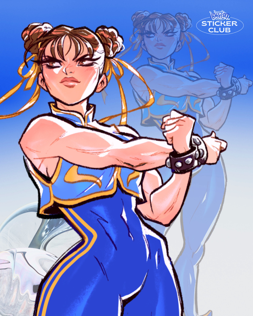 1girl, absurdres, babs_tarr, bangle, bare_shoulders, blue_background, blue_bodysuit, blue_vest