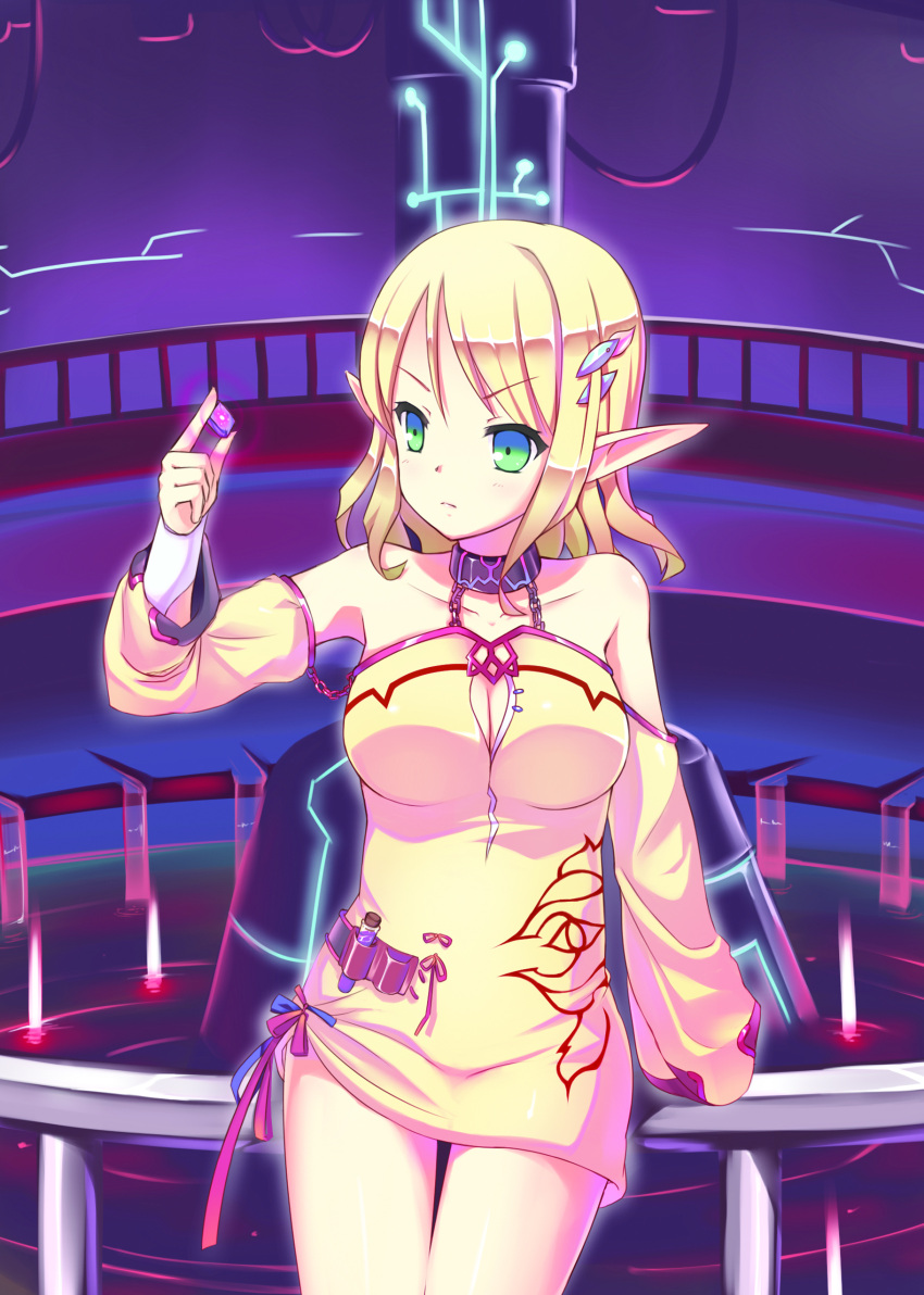 bare_shoulders, blonde_hair, breasts, cleavage, cleavage_cutout, detached_sleeves, dexp, elf