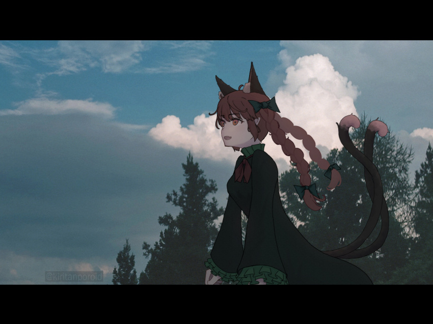 1girl, absurdres, animal_ear_fluff, black_dress, blue_sky, bow, braid, cat_tail