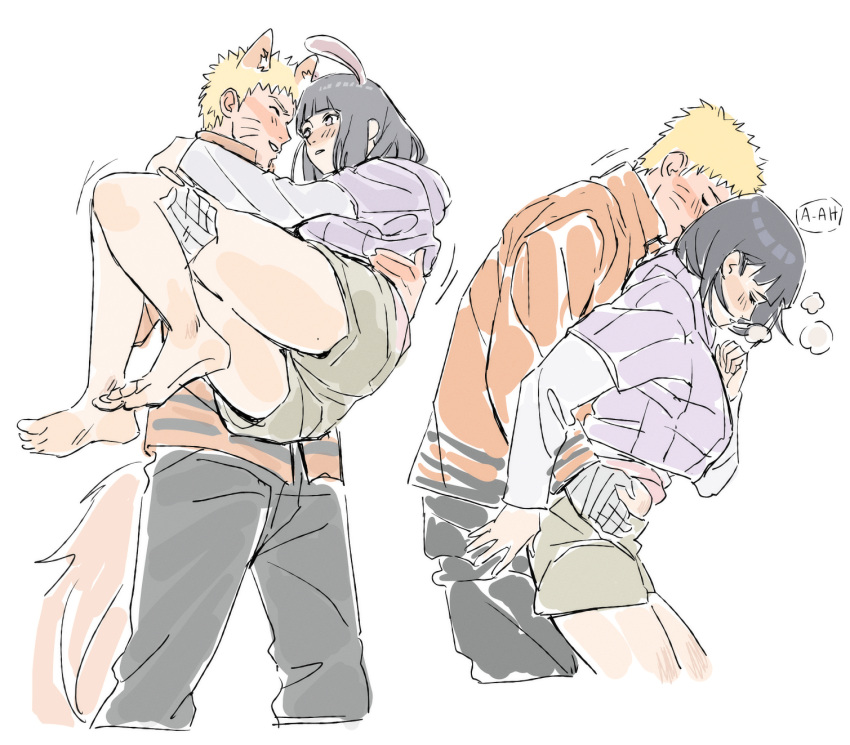 1boy, 1girl, alternate_costume, animal_ears, bad_id, bad_twitter_id, bandaged_hand, bandages, bare_legs, barefoot, beerenfuchs, blonde_hair, blunt_bangs, blush, boruto:_naruto_next_generations, carrying, closed_eyes, couple, english_text, fake_animal_ears, feet, fox_ears, fox_tail, from_side, heavy_breathing, hetero, highres, hug, hug_from_behind, husband_and_wife, hyuuga_hinata, jacket, leaning_back, leaning_forward, leaning_on_person, long_sleeves, looking_to_the_side, naruto_(series), pants, parted_lips, princess_carry, purple_hair, rabbit_ears, short_hair, shorts, simple_background, speech_bubble, standing, tail, thighs, uzumaki_naruto, violet_eyes, white_background