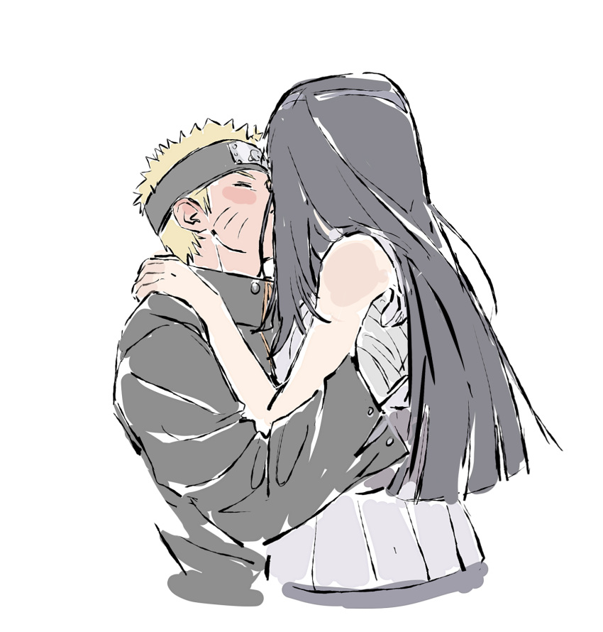 1boy, 1girl, bad_id, bad_twitter_id, bandaged_hand, bandages, bare_arms, bare_shoulders, beerenfuchs, blonde_hair, closed_eyes, couple, dress_shirt, from_side, grey_background, headband, hetero, highres, hug, hyuuga_hinata, imminent_kiss, jacket, long_hair, long_sleeves, naruto:_the_last, naruto_(series), naruto_shippuuden, official_alternate_costume, purple_hair, shirt, simple_background, sleeveless, upper_body, uzumaki_naruto