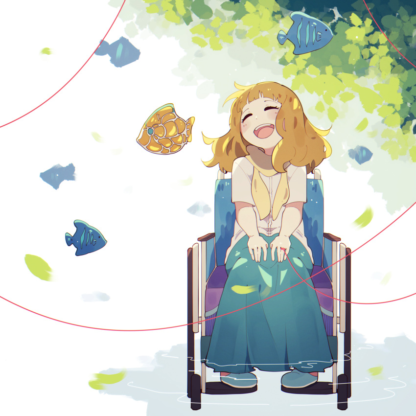1girl, blue_shoes, blue_skirt, blush, brown_hair, closed_eyes, commentary_request, falling_leaves