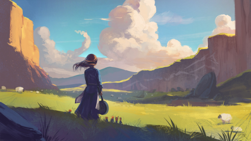 1girl, absurdres, apron, blue_dress, brown_hair, clouds, david_revoy, dress, frying_pan, grass, highres, hill, long_hair, mountain, mountainous_horizon, multiple_others, original, outdoors, rock, sheep, sky, standing, terry_pratchett, tiffany_aching, wee_free_men, white_apron