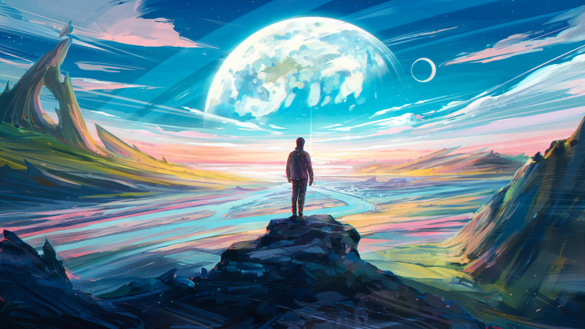 1boy, aenamiart, blue_sky, cliff, clouds, commentary, day, english_commentary