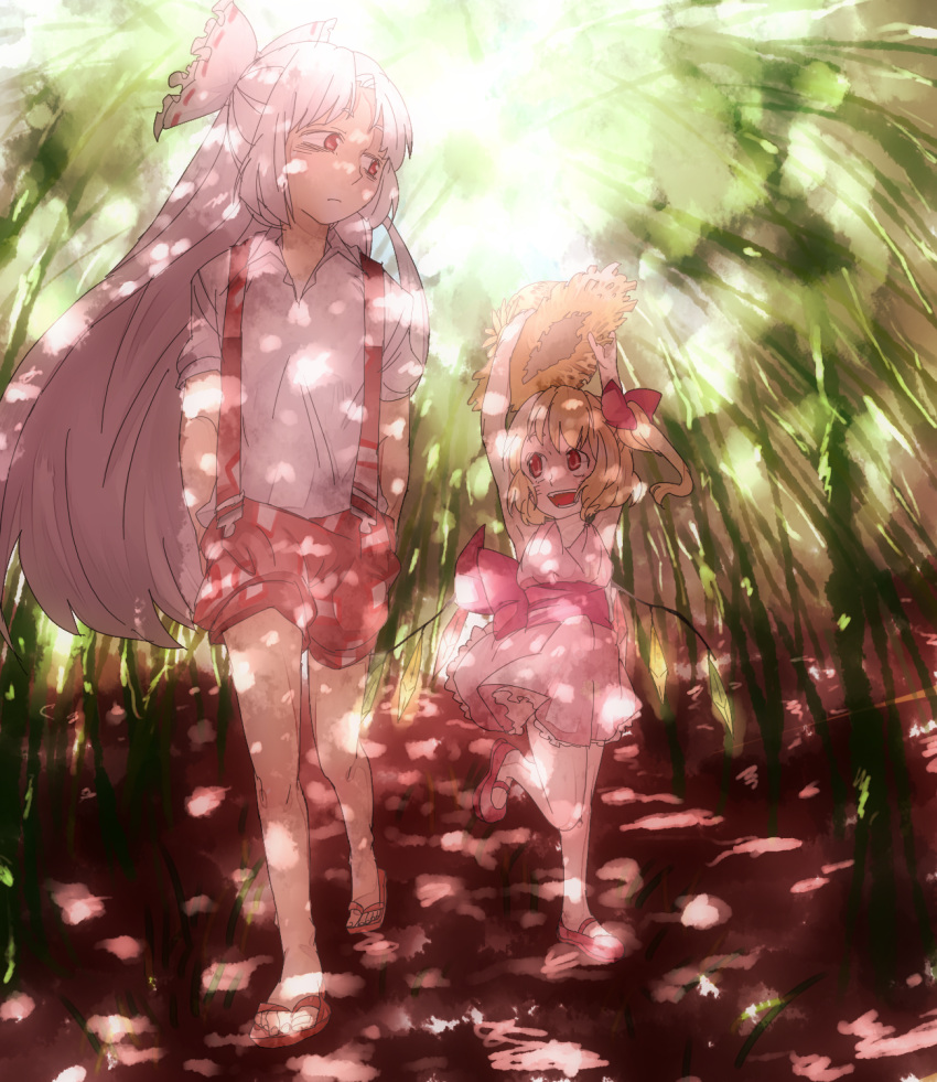 bamboo, bamboo_forest, blonde_hair, bow, dress, fang, flandre_scarlet, forest, fujiwara_no_mokou, hair_bow, hat, highres, hinamiko, long_hair, mary_janes, multiple_girls, nature, open_mouth, pants, red_eyes, ribbon, sandals, shoes, short_hair, shorts, side_ponytail, smile, straw_hat, suspenders, touhou, very_long_hair, white_hair, wings