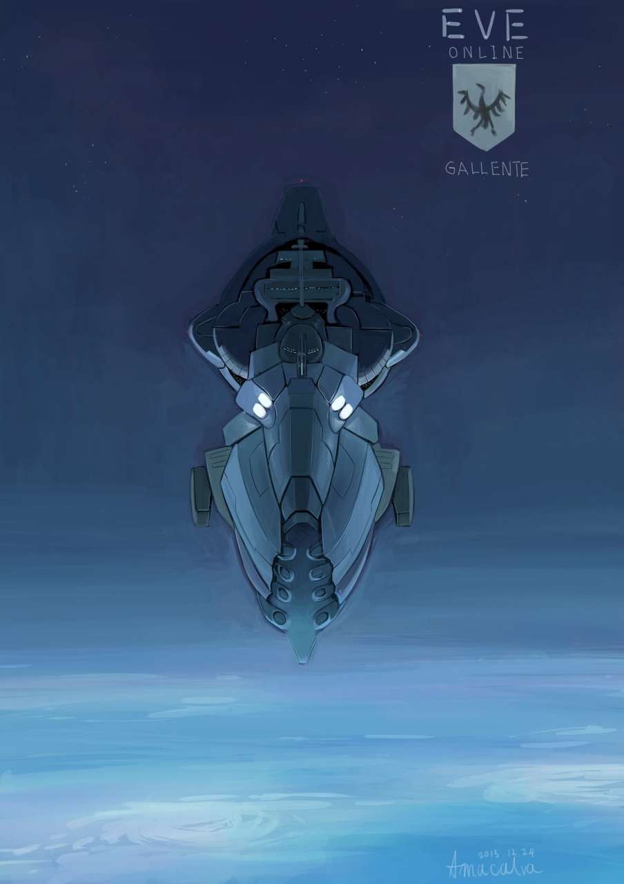 amacalva, artist_name, battleship_(eve_online), blue_background, blue_theme, combat_ship_(eve_online), commentary_request, copyright_logo