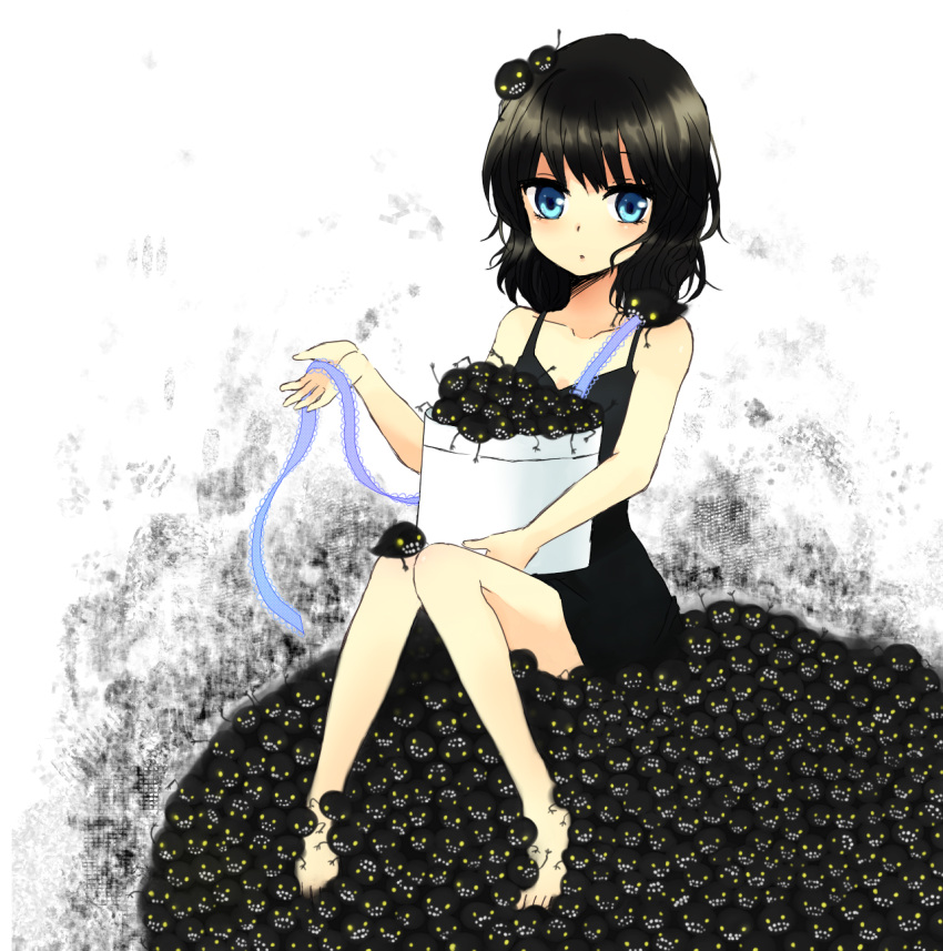 black_hair, blue_eyes, dress, highres, manukedori, monster, original, ribbon