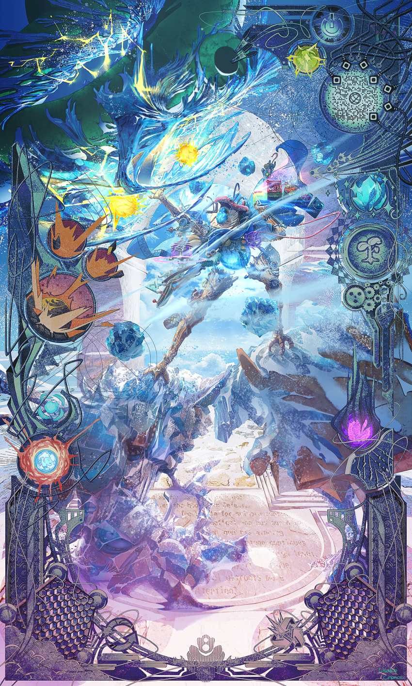 absurdres, blue_cloak, card, cloak, electricity, highres, ice, mecha
