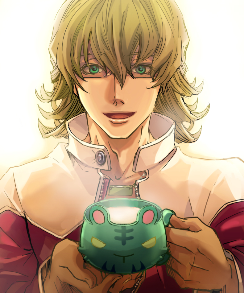 animal_cup, barnaby_brooks_jr, cup, emi_(penguin908), glasses, green_eyes, jacket, looking_at_viewer