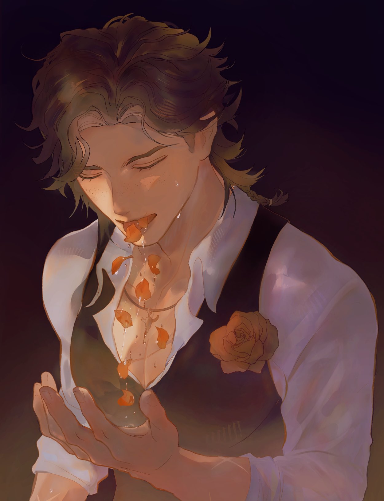 1boy, boutonniere, brown_hair, closed_eyes, commentary, hernando_romero, highres, identity_v
