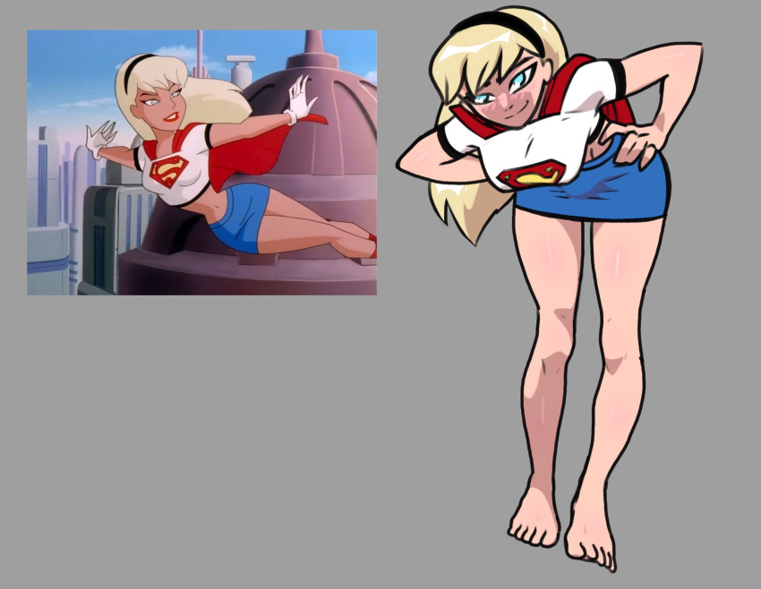 1girl, barefoot, blonde_hair, blue_eyes, blush, breasts, cape, commentary