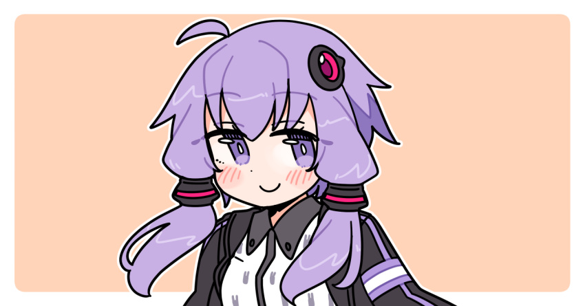 1girl, a.i._voice, black_jacket, blush, border, closed_mouth, dot_nose, hair_ornament