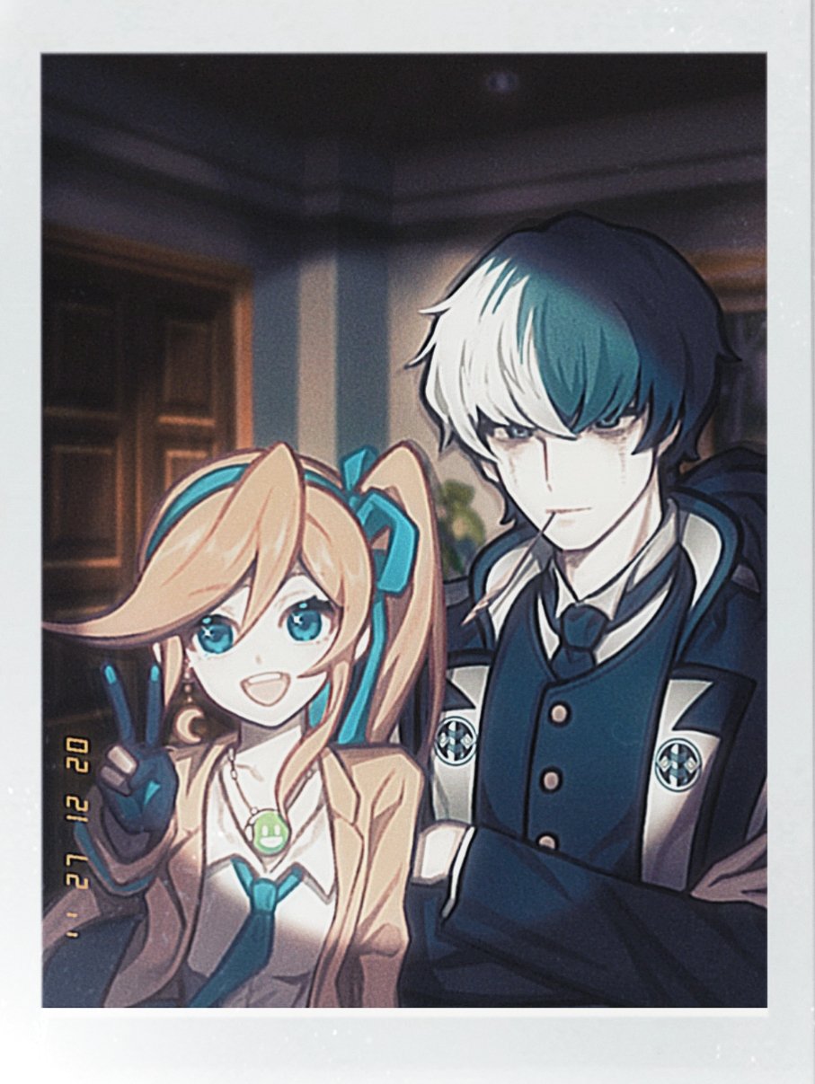 1boy, 1girl, :d, ace_attorney, athena_cykes, black_gloves, black_hair, black_jacket, black_necktie, blue_bow, blue_eyes, blue_hairband, blue_necktie, border, bow, bow_hairband, calcium00806377, closed_mouth, collared_shirt, commentary_request, crescent, crescent_earrings, crossed_arms, earrings, feather_in_mouth, gloves, hair_between_eyes, hair_bow, hairband, highres, jacket, jewelry, long_hair, long_sleeves, looking_at_viewer, multicolored_hair, necklace, necktie, open_clothes, open_jacket, open_mouth, orange_hair, partially_fingerless_gloves, ponytail, shirt, side_ponytail, simon_blackquill, single_earring, smile, two-tone_hair, v, white_border, white_hair, white_shirt, yellow_jacket