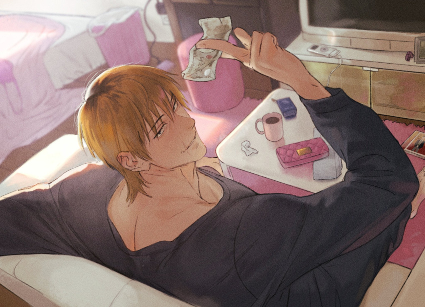 1boy, alternate_hair_color, barefoot, bed, between_fingers, black_pants, black_shirt, blonde_hair