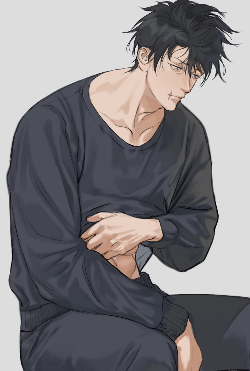 1boy, abs_peek, adam's_apple, black_hair, black_pants, black_shirt, closed_mouth, collarbone