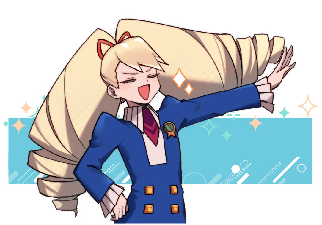 1girl, big_hair, blue_dress, bow, closed_eyes, dress, drill_hair, facing_viewer
