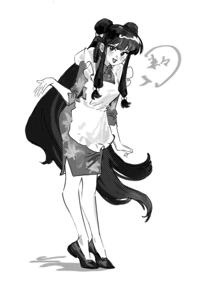 1girl, apron, bow, commentary_request, double_bun, dress, floral_print, greyscale