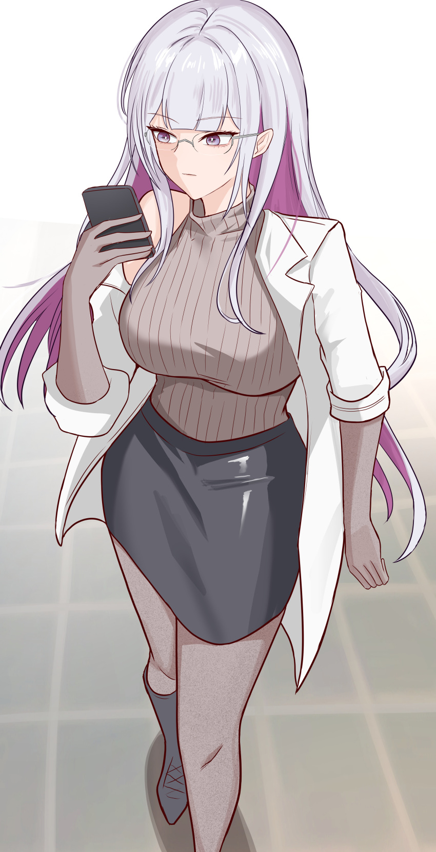 1girl, absurdres, benzhu_(benzhu0617), black_skirt, breasts, cellphone, coat, colored_inner_hair