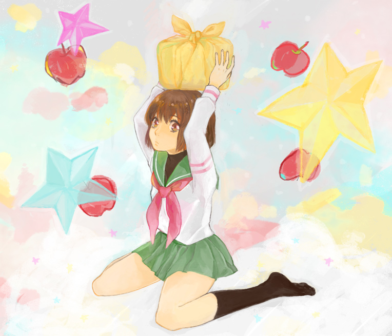 bad_id, brown_eyes, brown_hair, food, footwear, fruit, gift, holding, holding_gift, kneehighs, kneeling, mawaru_penguindrum, no_shoes, object_namesake, oginome_ringo, oomori_(atu-oomori11), school_uniform, serafuku, short_hair, socks, star