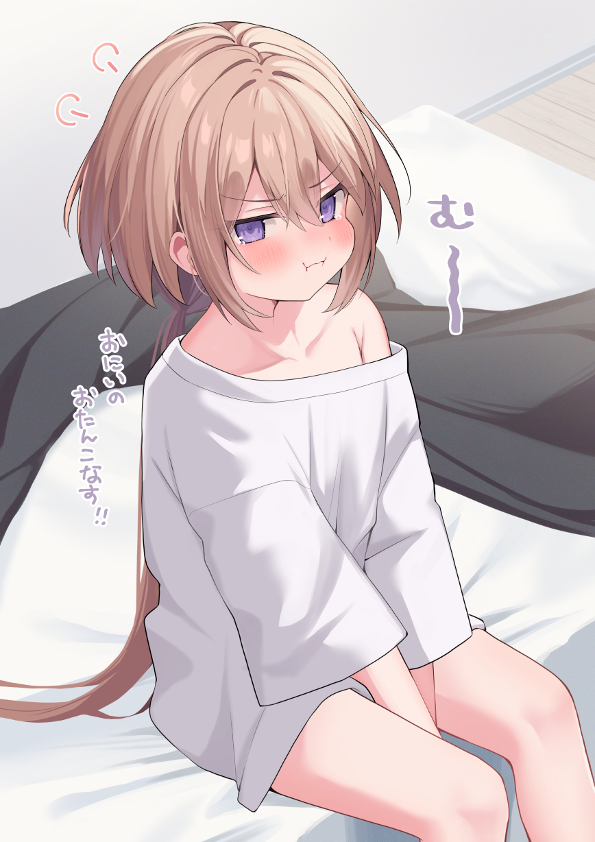 1girl, :i, bed, blush, brown_hair, closed_mouth, commentary_request, ebihara_beniko