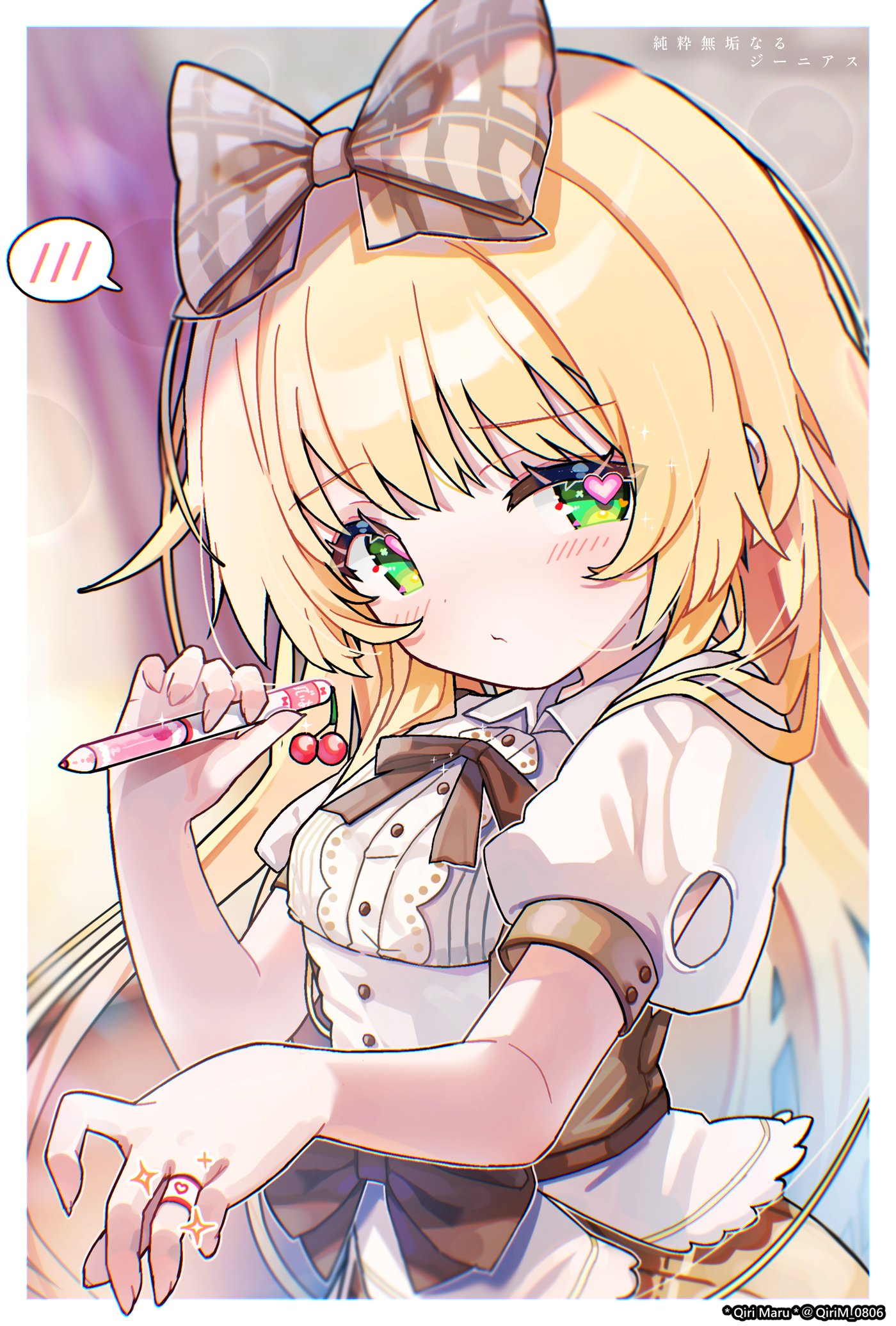 1girl, bandaid, bandaid_on_finger, bandaid_on_hand, blonde_hair, bow, bowtie, brown_bow, brown_bowtie, closed_mouth, commentary_request, green_eyes, hair_bow, heart, heart_in_eye, highres, holding, holding_pen, long_hair, looking_at_viewer, lydia_eldridge, muv-luv, muv-luv_girls_garden, pen, plaid_bow, qiri_maru, shirt, short_sleeves, solo, sparkle, spoken_blush, symbol_in_eye, twitter_username, upper_body, white_shirt
