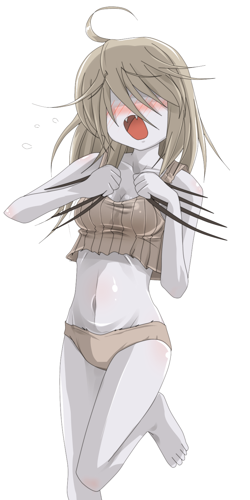 :o, ahoge, barefoot, blush, brown_hair, claws, embarrassed, fangs